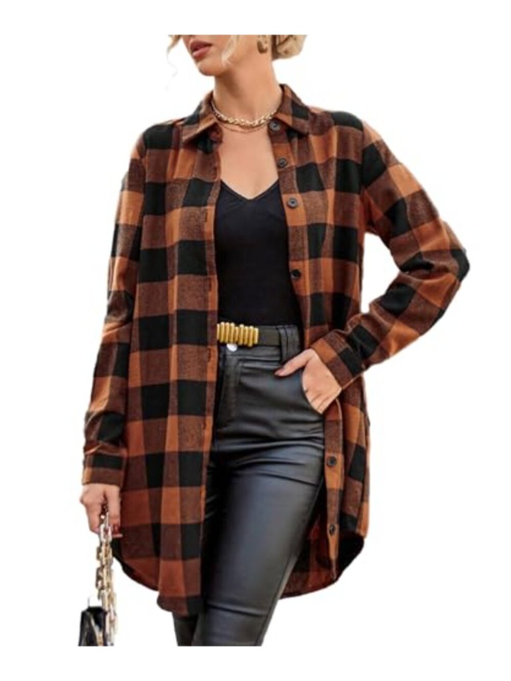 Flannel Long Sleeve Button Down Plaid Shirt Oversized Loose Fit Blouse